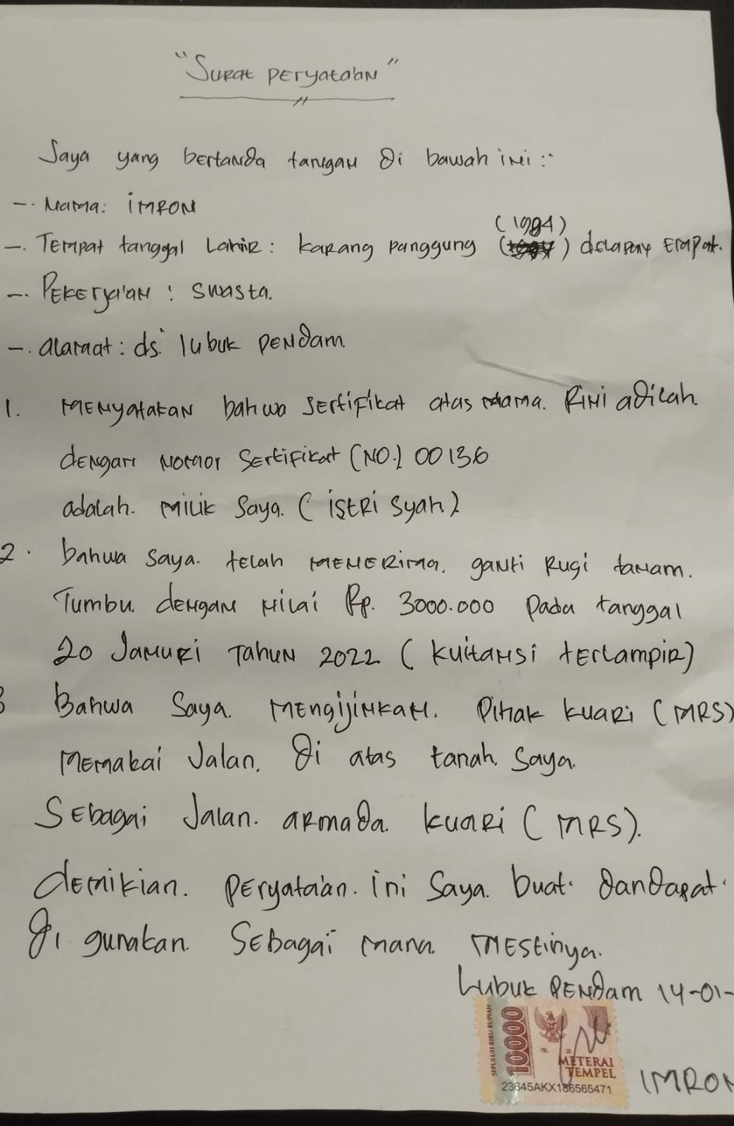 Ganti Rugi kepada Pemilik Sah Lahan Sudah Dibayar, Pemagaran oleh Oknum Tak Bertanggungjawab Dipolisikan