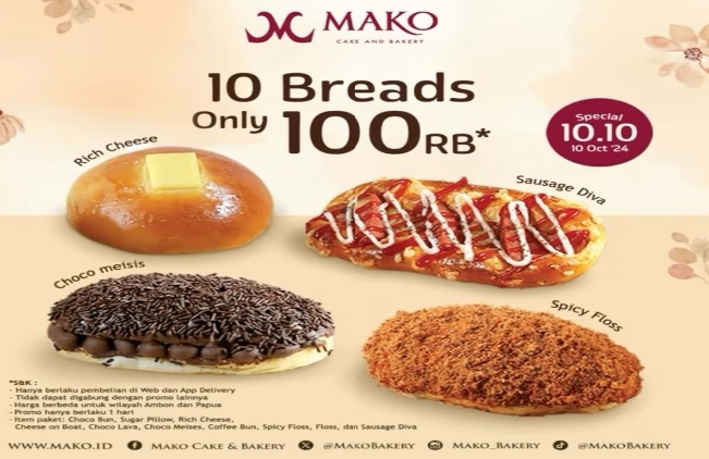 Promo 10.10 Mako Bakery, Cuma Hari Ini Beli 10 Roti Cukup Bayar Rp100.000