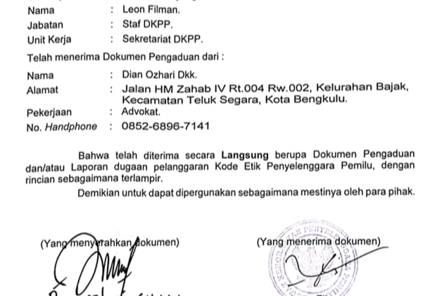 Ini Tanda Terima Dokumen Aduan DPC PPP Bengkulu Tengah ke DKPP, Tak Disangka-sangka Teradunya