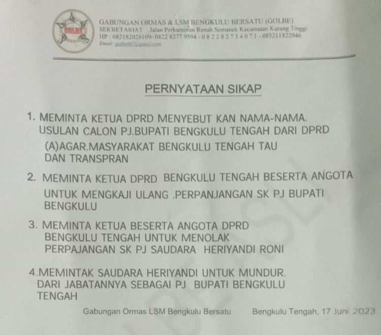 Tuntutan Aktivis Golbe yang Dialamatkan ke Pj Bupati Bengkulu Tengah, Ngeri-Ngeri Sedap! 