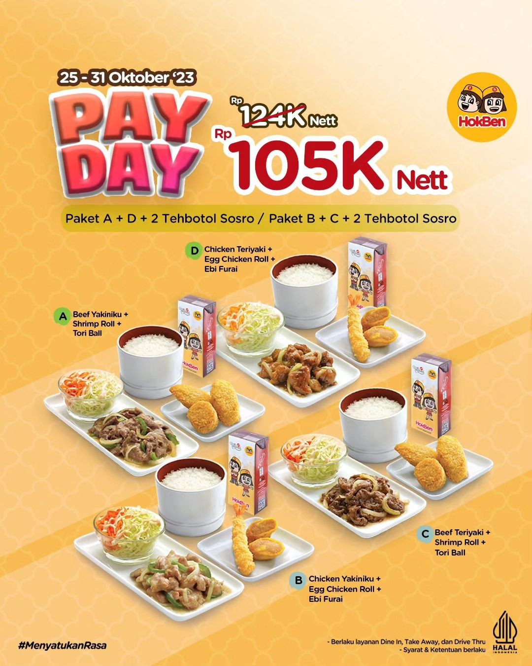 Promo Hokben Payday: Cuma Rp105.000 Tinggal Pilih, Paket A+D atau Paket B+C Lengkap dengan Teh Botol Sosro