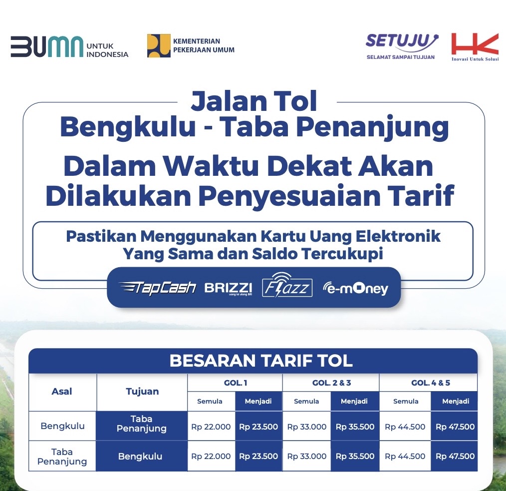 Tarif Tol Bengkulu-Taba Penanjung Naik, Berikut Besarannya