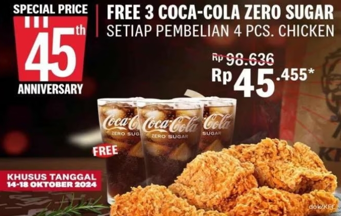 Spesial HUT ke-45 KFC, Nikmati Promo Beli 4 Ayam Rp45 Ribuan Gratis 3 Coca-Cola Zero Sugar