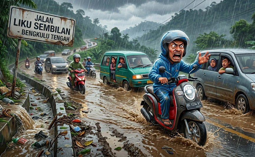 Genangan Air Tutupi Jalan Liku Sembilan, Pengguna Jalan Keluhkan Drainase Tersumbat