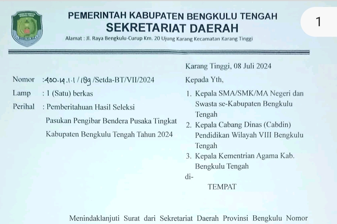 Diduga Janggal, Calon Paskibraka Bengkulu Tengah Terpilih Diumumkan Manual, SE BPIP Sebut Melalui Aplikasi