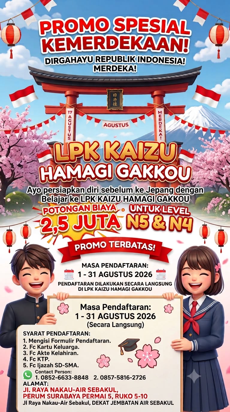 Promo Kemerdekaan, LPK Kaizu Hamagi Gakkou Berikan Potongan Biaya Rp2,5 Juta untuk Program N5 dan N4