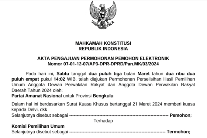 Babak Baru Pileg DPRD Kabupaten Bengkulu Tengah: Tim Hukum DPP PAN Gugat Kemenangan Caleg PPP ke MK 
