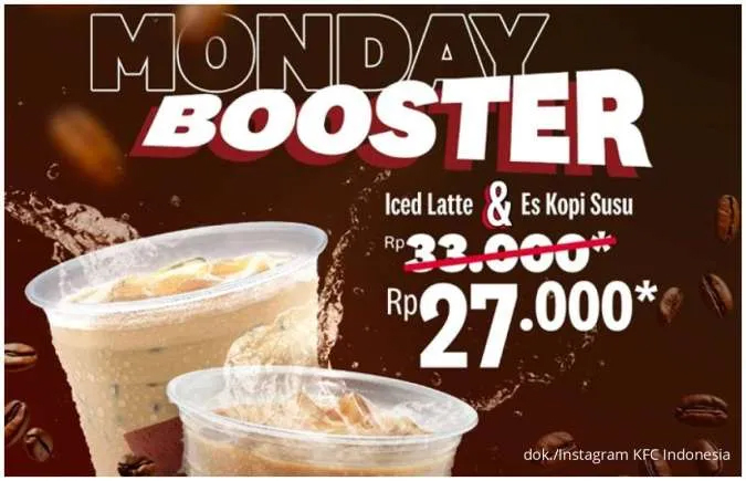 Bikin Senin Makin Semangat! Promo Monday Booster KFC: 1 Es Kopi + 1 Iced Latte Cuma Rp 27.000