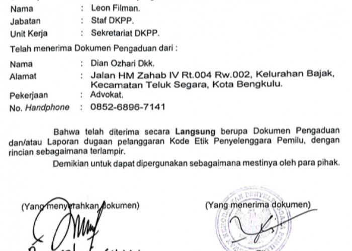 Ini Tanda Terima Dokumen Aduan DPC PPP Bengkulu Tengah ke DKPP, Tak Disangka-sangka Teradunya