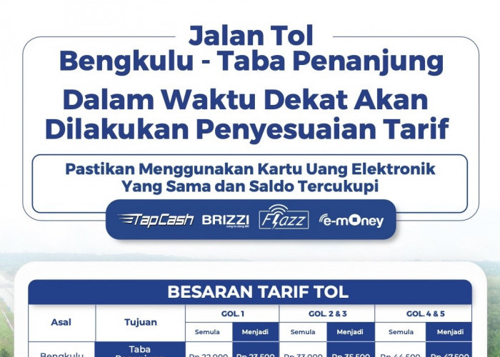 Tarif Tol Bengkulu-Taba Penanjung Naik, Berikut Besarannya