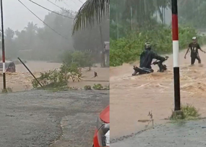Debit Air Sungai Akibat Jalan Lintas Lagan Bungin Tertutup Banjir, Pengendara Sepeda Motor Nyaris Terseret Aru