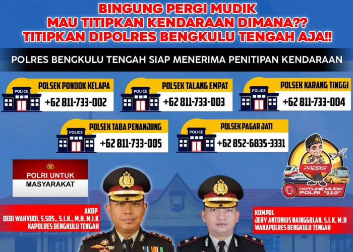 Mudik Aman Keluarga Nyaman, Polres Bengkulu Tengah Sediakan Tempat Penitipan Kendaraan