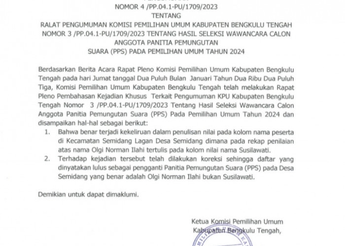 Pengumuman Kelulusan PPS Kabupaten Bengkulu Tengah Diralat, KPU Beralasan  